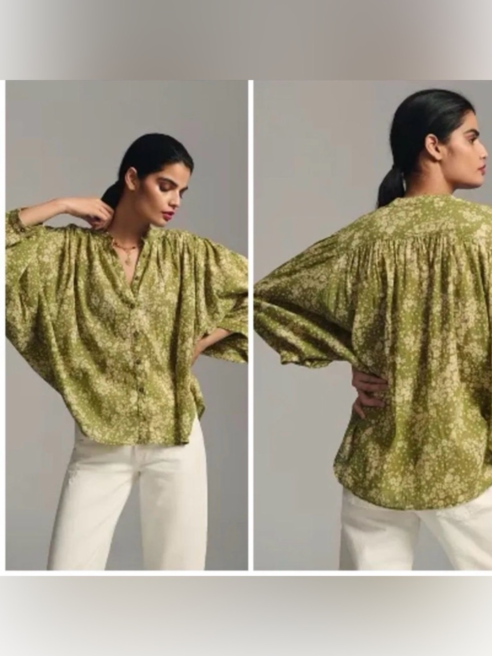 Pilcro Anthropologie Green Floral Blouse Size Small Boho Oversized Button Top